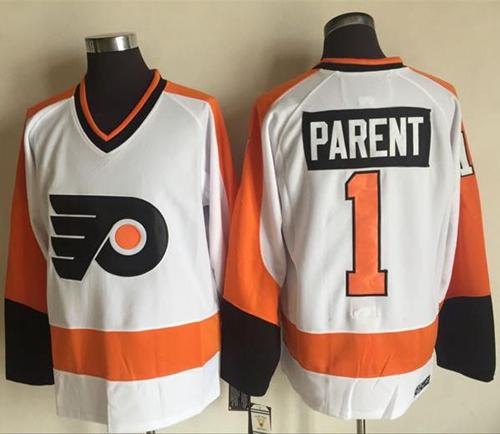 Flyers #1 Bernie Parent White CCM Throwback Stitched NHL Jersey - Click Image to Close